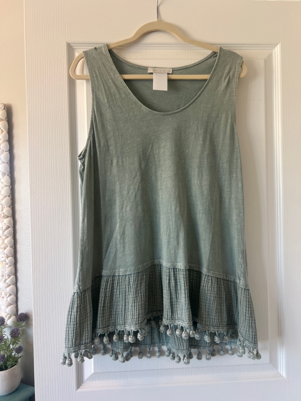 Women’s Sage Green Tank with Ruffle Pom Hem like New size L